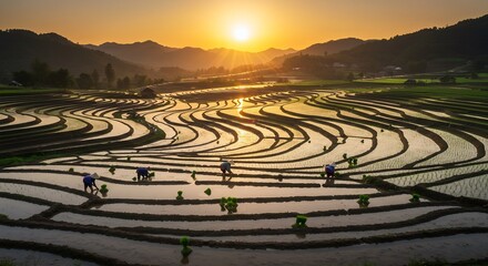 An aerial photograph showcases farmers diligently working in terraced rice paddies during the golden hour, with mountains silhouetted by the radiant sunset.