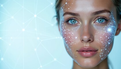 AI-powered skincare analysis tool offers personalized treatments based on skin conditions and preferences. Health tech style image highlights beauty technology with intricate facial data network.