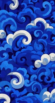 Indigo swirls, white clouds, repeating pattern