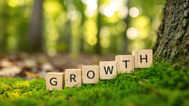 Wooden blocks spelling GROWTH are arranged on moss in forest, symbolizing natural development and progress. background is blurred, highlighting vibrant green environment