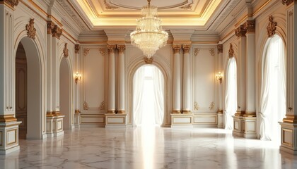 Obraz premium Opulent hall interior white, gold decor with grand arches, crystal chandelier. Marble floors reflect abundant natural light from floor-to-ceiling windows. Elegant classical architecture features