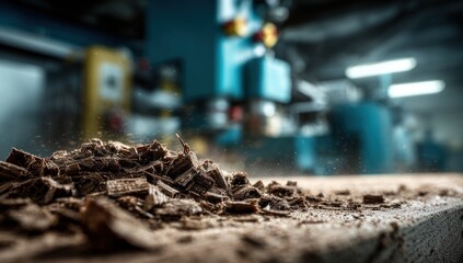 Wood shavings scattered on a workbench in a workshop