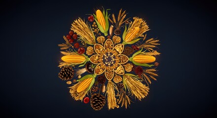 A symmetrical mandala made from natural foods. The composition showcases an array of golden grains and vibrant produce in a photorealistic shot from top view.