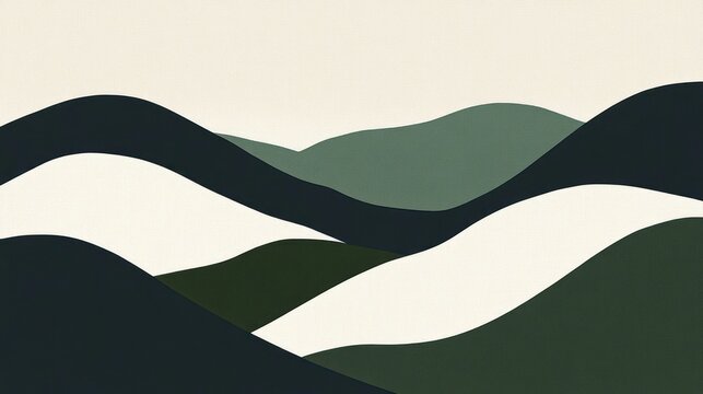Abstract landscape painting of layered mountains in muted greens and blacks