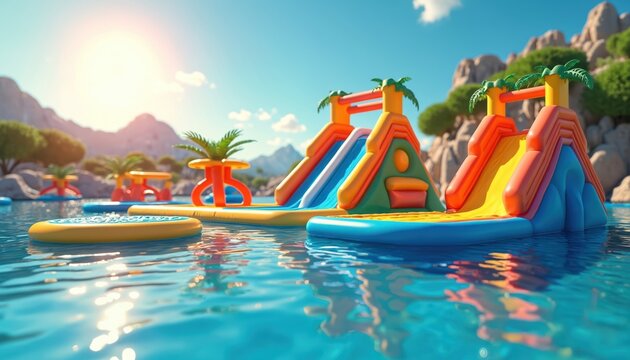 Vibrant inflatable water park structures float on clear blue water. Colorful slides and platforms offer summer fun and adventure in a sunny landscape with mountains and palm trees.