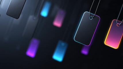 Colorful neon tags hang against dark background, creating vibrant and modern display. glowing edges of tags add futuristic touch, perfect for stylish shopping or promotional theme