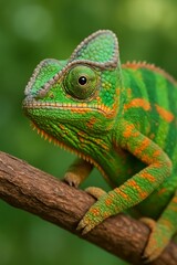 Obraz premium Colorful chameleon resting on a branch in a lush environment during daylight hours