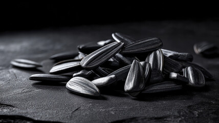 Pile of organic sunflower seeds is scattered dark, textured surface, showcasing their detailed patterns and glossy appearance. seeds are arranged way that highlights their natural beauty