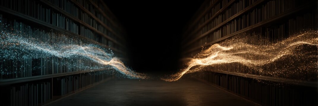 Dark library with ethereal energy