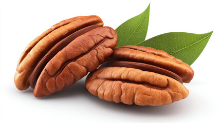 Rich and buttery pecans with green leaves create fresh and organic feel. nuts texture and color are highlighted against white background, emphasizing their natural appeal