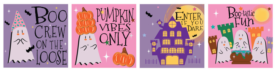 Cute Halloween card set, adorable ghost characters with colorful party hats, pumpkins, haunted houses, and quotes. Fun, stylish illustration. Perfect for greeting cards, party invitations, and posters