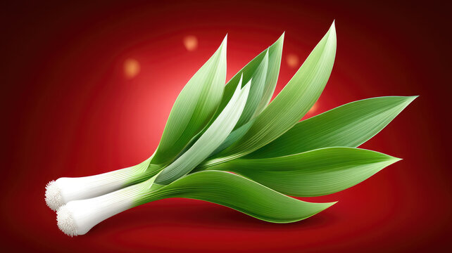 Fresh organic leeks with vibrant green leaves on red background, showcasing their mild flavor and crisp texture. Perfect for culinary use and healthy recipes
