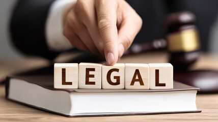 Hand places wooden blocks spelling LEGAL on book, with gavel in background, symbolizing law and justice