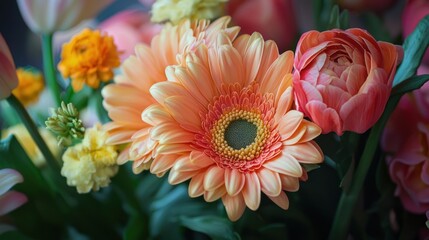 A vibrant bouquet of colorful flowers, including pink and orange gerbera daisies, yellow tulips, and pink peonies, with green leaves and stems, set against a dark background.