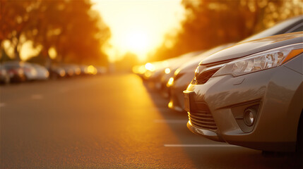 Row of cars parked in evening sunlight on asphalt road, concept of transport, automotive, commerce and lifestyle, symbolizing mobility, technology and modern industry with copy space.