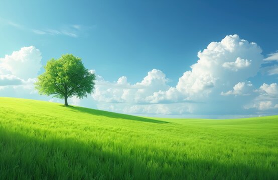 Vast green field under bright blue sky with fluffy clouds. Lone tree stands on gentle hill. Rural summer landscape evokes tranquility and peacefulness. Fresh air, natural beauty, serene environment. - Powered by Adobe