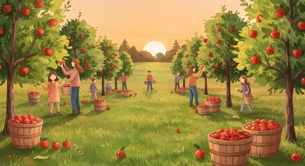 A vibrant illustration captures a heartwarming scene of people gathering in an orchard filled with laden apple trees under a warm sunset. 
