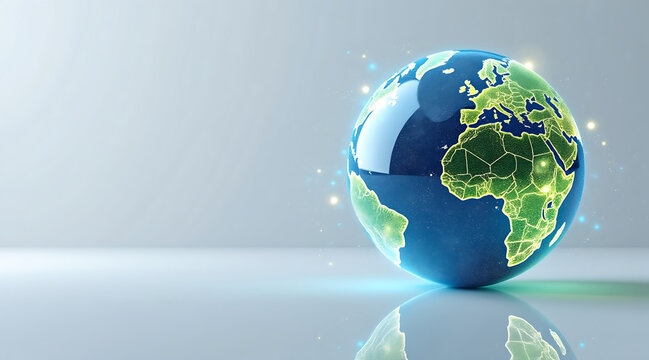 Glowing digital globe with illuminated continents and network connections, symbolizing global communication and clean energy innovation