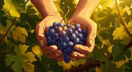 Two hands tenderly cradle a bunch of ripe grapes, embodying abundance and the art of harvest, against a backdrop of a verdant vineyard.