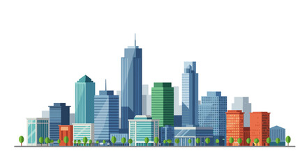 Obraz premium Modern urban skyline with skyscrapers and trees in a flat design