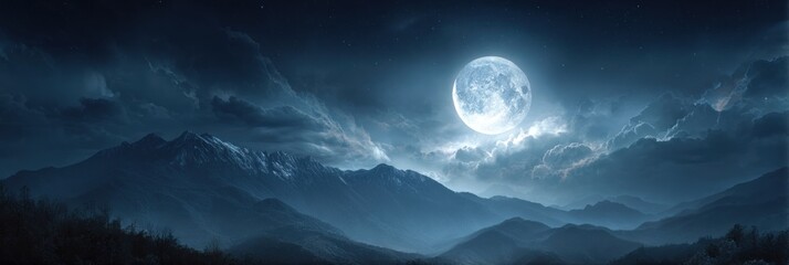 Misty mountain night scene under a luminous full moon