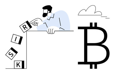 Man places letter blocks spelling RISK near a large Bitcoin symbol, suggesting financial risk, cryptocurrency investment, decision-making, and blockchain concepts. Ideal for finance, investment, risk