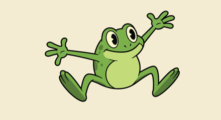 A cheerful green frog with outstretched arms leaps joyfully against a colourful backdrop, embodying happiness and cartoonish charm in a playful manner