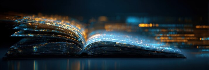 Open book with glowing, digital data