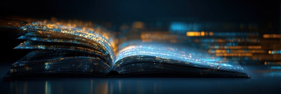 Open book with glowing, digital data