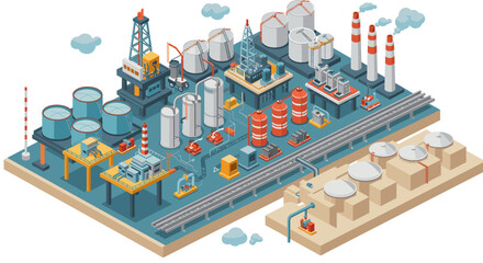Isometric industrial complex with oil tanks and factories