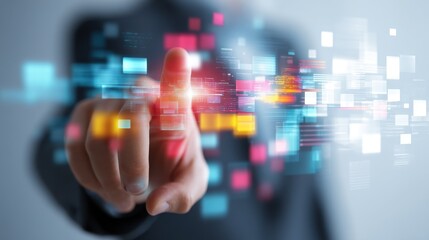 Businessman touching a futuristic digital interface with glowing data blocks and code for business analytics and innovation