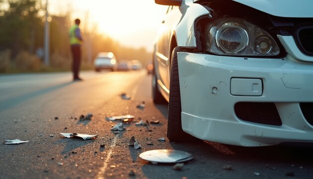White car damaged after collision on road. Wrecked automobile with front end damage parked on asphalt. Debris scattered on street. Person in safety vest observes scene. Copy space available for text