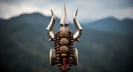 Close-up of a Trishul with Rudraksha beads against a mountain backdrop.