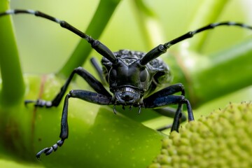 Metallic Longhorn Beetle Macro Photography Against Vibrant Green Foliage Background