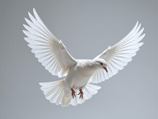 Obraz premium A white dove with outstretched wings, moving against a gray background, the dynamic moment conveys freedom and health, symbolizing purity and nature.
