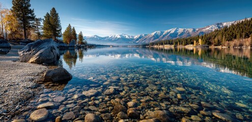 Serene lake reflecting snowy mountains