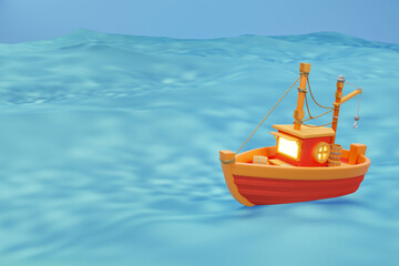 A red fishing boat cruises the turquoise tropical sea near a sandy beach under a clear blue sky - 3D illustration