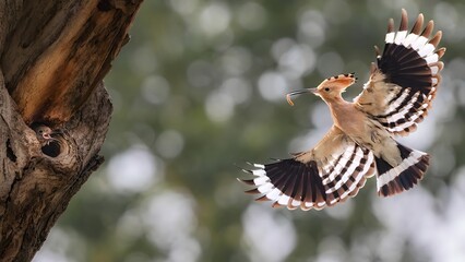 Eurasian Hoopoe Bird Flying to Nest Hole in Tree Trunk Feeding Young Chick with Striped Wings Displayed © Ngo