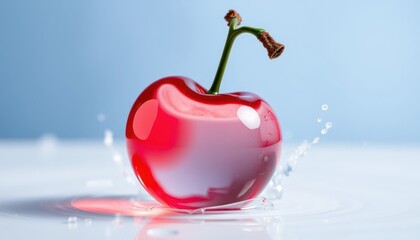 Obraz premium Close-up of a Juicy Red Cherry on Water Surface