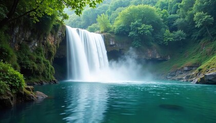 Serene waterfall cascading into a tranquil waterfront, mist rising, lush green foliage framing the scene Perfect for travel, nature, or relaxation themes , stones, idyllic