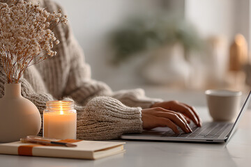 Woman typing on laptop near lit candle in cozy home workspace with warm sunlight