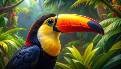 Vibrant toucan in a lush tropical forest setting, showcasing detailed plumage and a large beak.