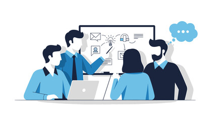 Creative business team engaged in a collaborative brainstorming session, discussing project strategy and new ideas with a whiteboard