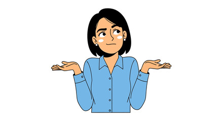 Confused young woman shrugging her shoulders making a I don't know gesture. Vector illustration of a person expressing doubt and uncertainty