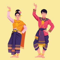 flat vector of male and female character with chut Thai or Thai Traditional Dress as Thai local traditional dance