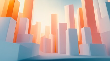 Abstract cityscape of pastel-colored, geometric buildings