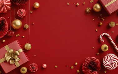 Fototapeta premium A copy space on a red background, a card banner template design, golden decorative elements, a 3d illustration, a red paper texture, and christmas atmosphere decor elements