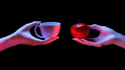 Two hands, one holding a cup, the other an apple, in vibrant pink and blue light against a black background