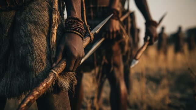 Ancient Hunters: A close-up portrayal of ancient warriors, showcasing their weaponry as they prepare for a hunt, evoking a sense of primal strength, survival and resourcefulness in the wilderness.