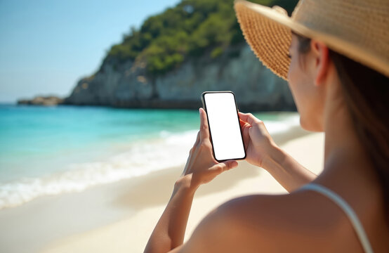 Woman in straw hat holds mobile phone with blank white screen on beach. Turquoise sea and sandy shore background. Summer vacation lifestyle, communication technology device.